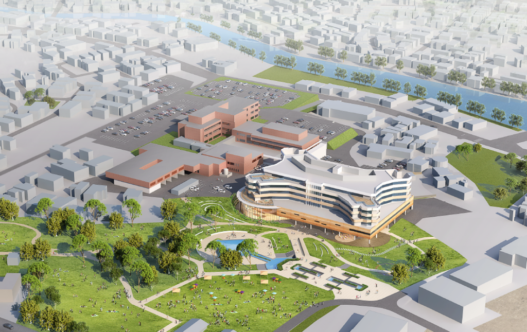 むつ総合病院と隣接する金谷公園を「新時代の健康拠点」として一体的に整備し、金谷公園とむつ総合病院が、「やわらかくつながる『かたち』」として計画に組み込まれている。