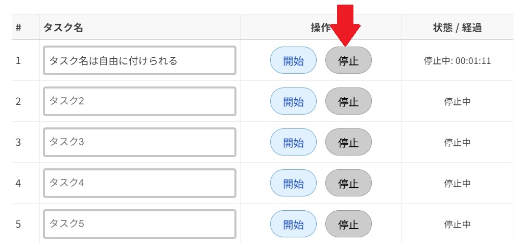 タイムスタディアプリの「停止」ボタンを押す